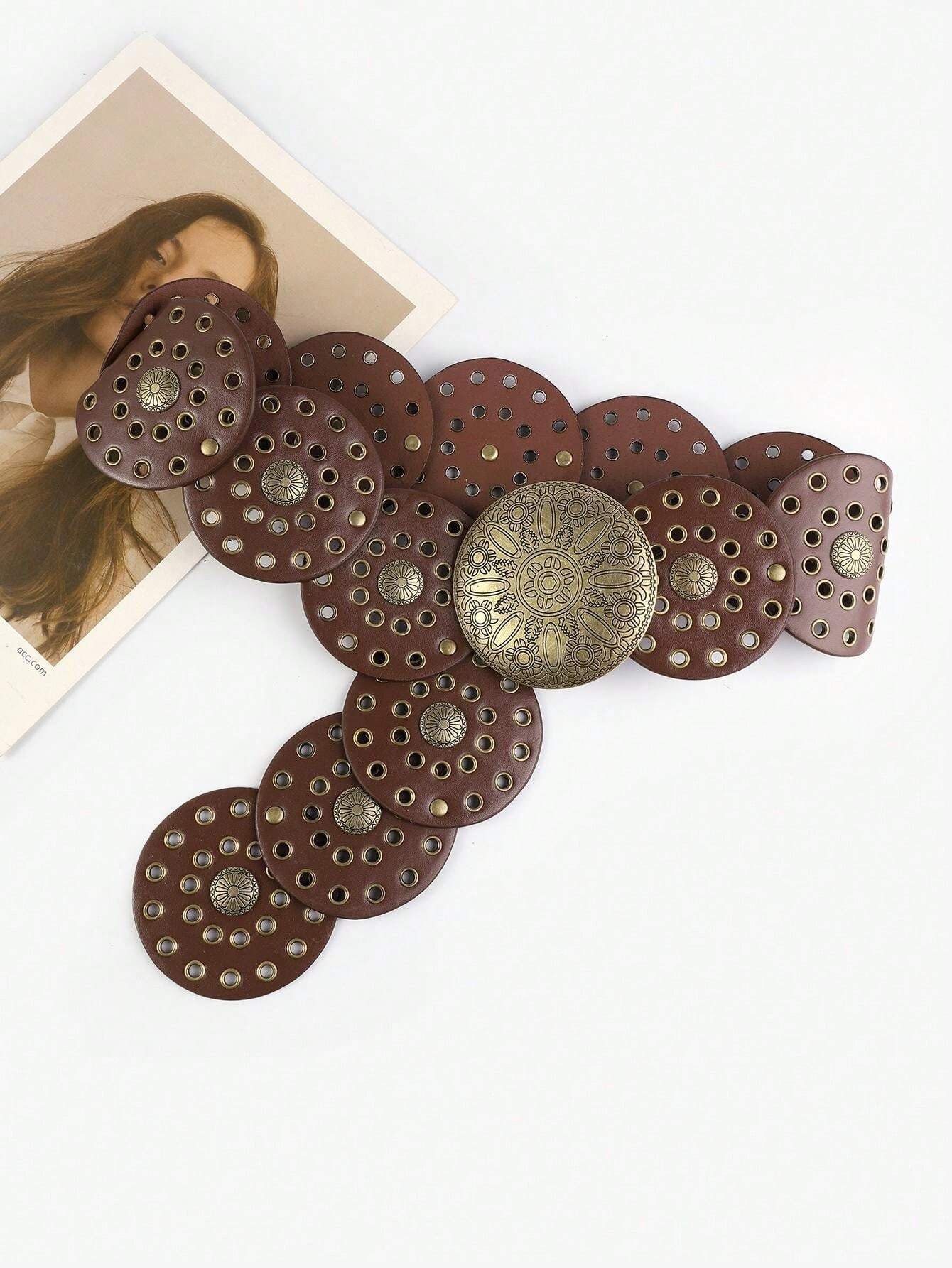JUNO Boho Chic Wide Belt with Vintage Shield Buckle