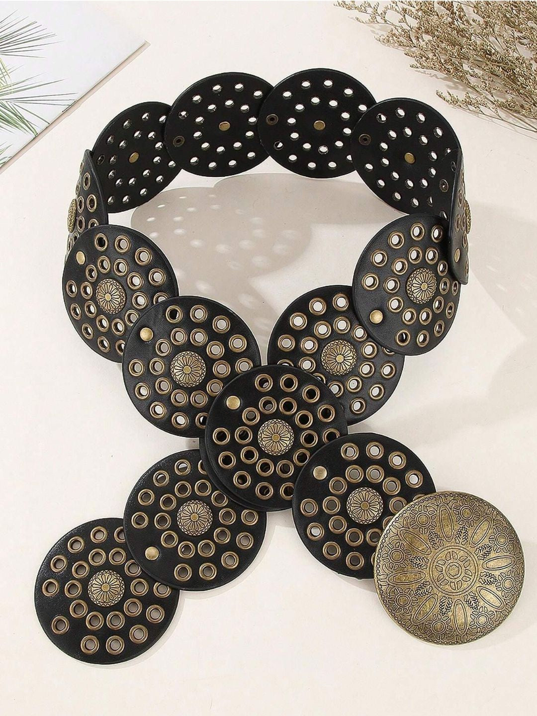 JUNO Boho Chic Wide Belt with Vintage Shield Buckle