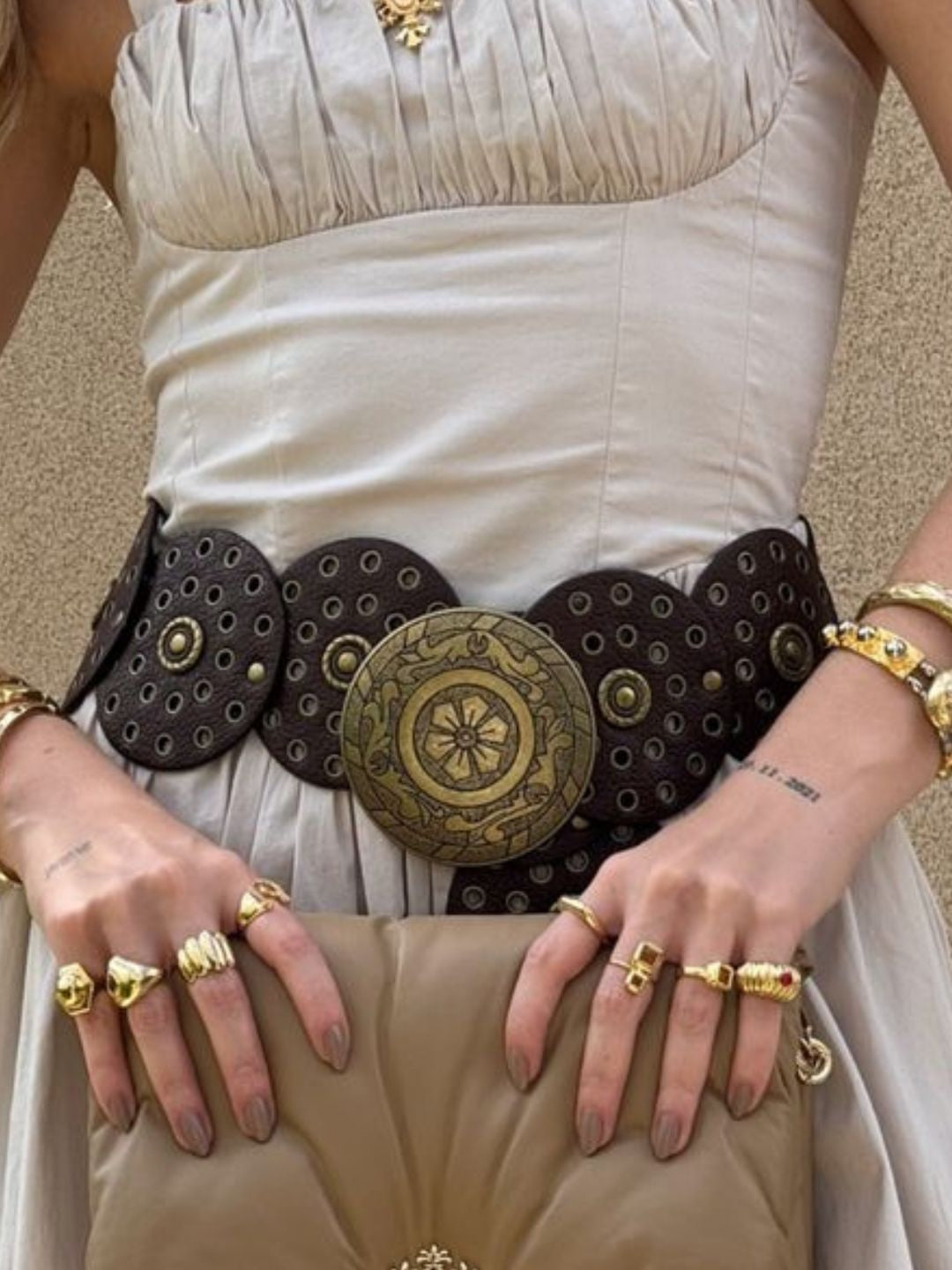 Amama Boho Chic Wide Belt with Vintage Shield Buckle