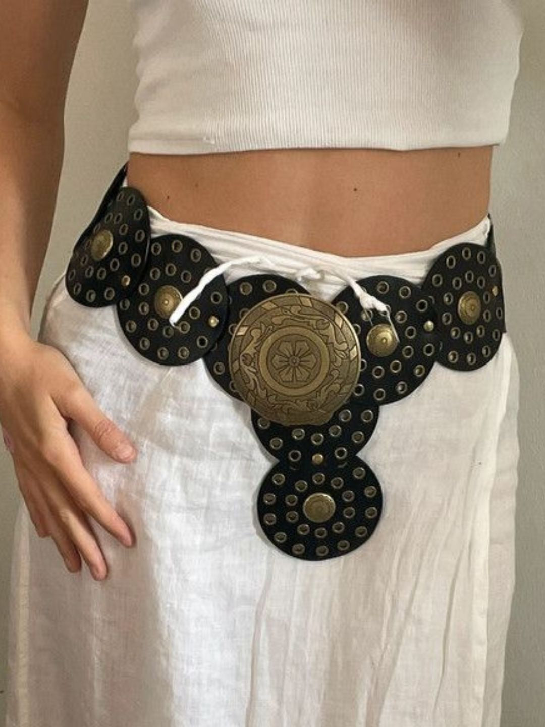 Amama Boho Chic Wide Belt with Vintage Shield Buckle