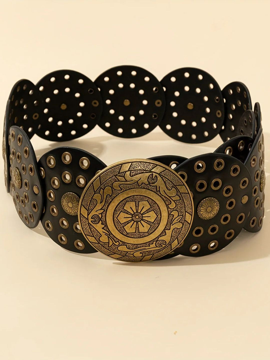 Amama Boho Chic Wide Belt with Vintage Shield Buckle