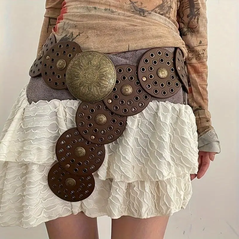JUNO Boho Chic Wide Belt with Vintage Shield Buckle