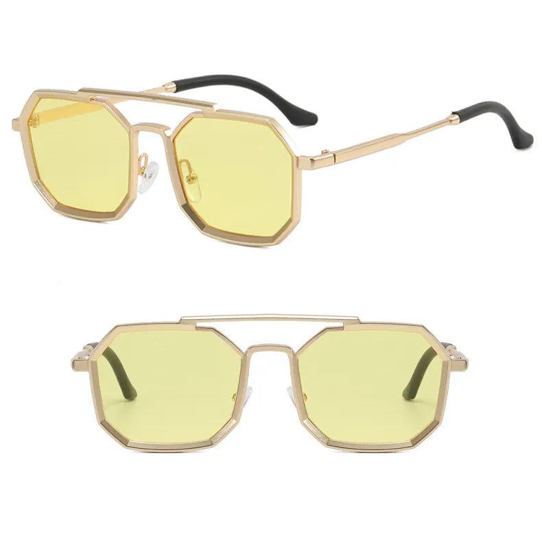 Cool and Hip Octagonal metal sunglasses that fits elegantly on your face and adds a bit of style to your look. Unisex Sunglasses UV400 protection against harmful rays UA A/U Material: Brass and Resin Suitable for Prescription Lenses Dimensions: Lens Width: 55mm, Lens Height: 42mm, Nose Bridge: 20mm, Temple Length: 150mm, Frame Width: 145mm