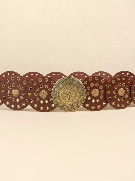 Amama Boho Chic Wide Belt with Vintage Shield Buckle