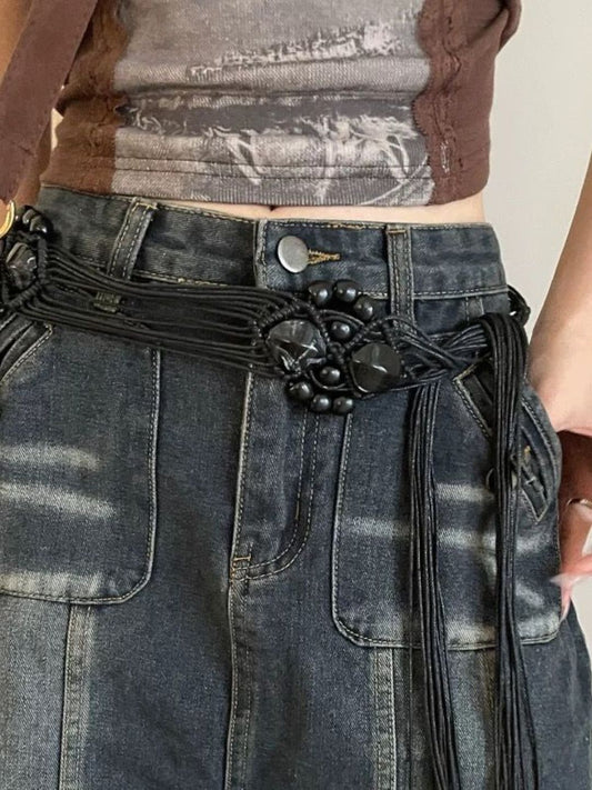 Boheme Macrame Beaded Braided Tassel Tie-up Belt