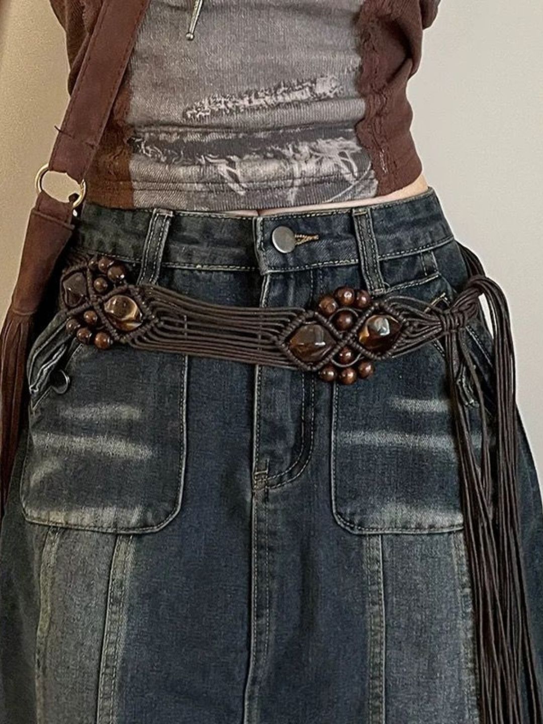 Boheme Macrame Beaded Braided Tassel Tie-up Belt