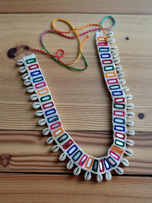 Rangilo Multicolour Mirror Work Single Layer Waist Belt with Cowrie Shell Tassel