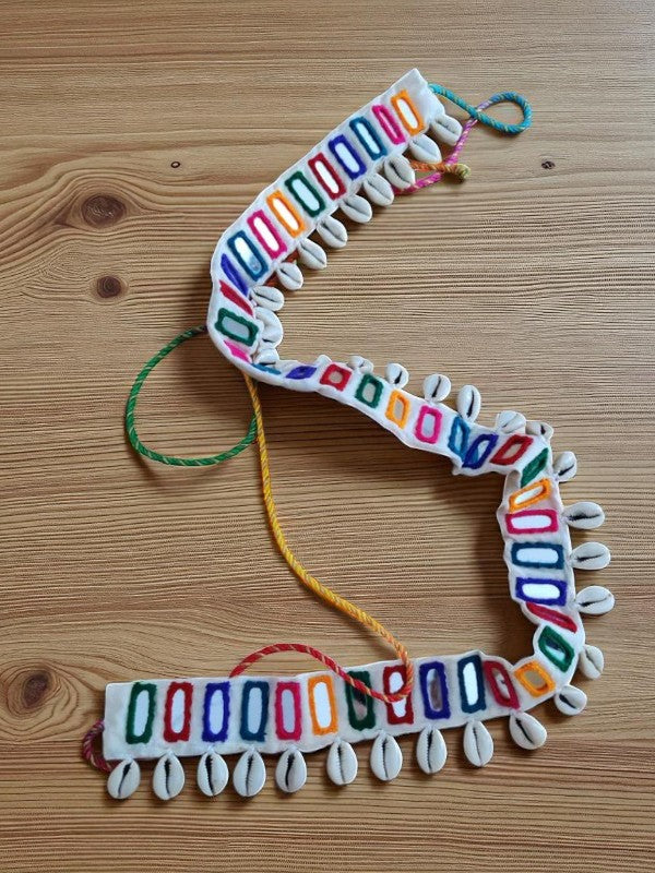Rangilo Multicolour Mirror Work Single Layer Waist Belt with Cowrie Shell Tassel