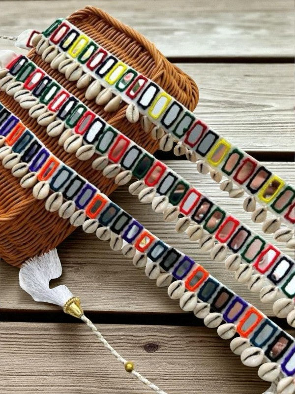 Rangilo Multicolour Mirror Work Single Layer Waist Belt with Cowrie Shell Tassel