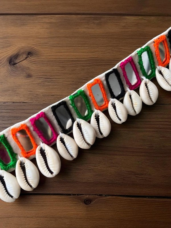 Rangilo Multicolour Mirror Work Single Layer Waist Belt with Cowrie Shell Tassel